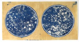 A World, A Satellite, Cyanotype, carbon transfer, pastel foil on Okwara paper, 33 x 63.5 inches, 2015